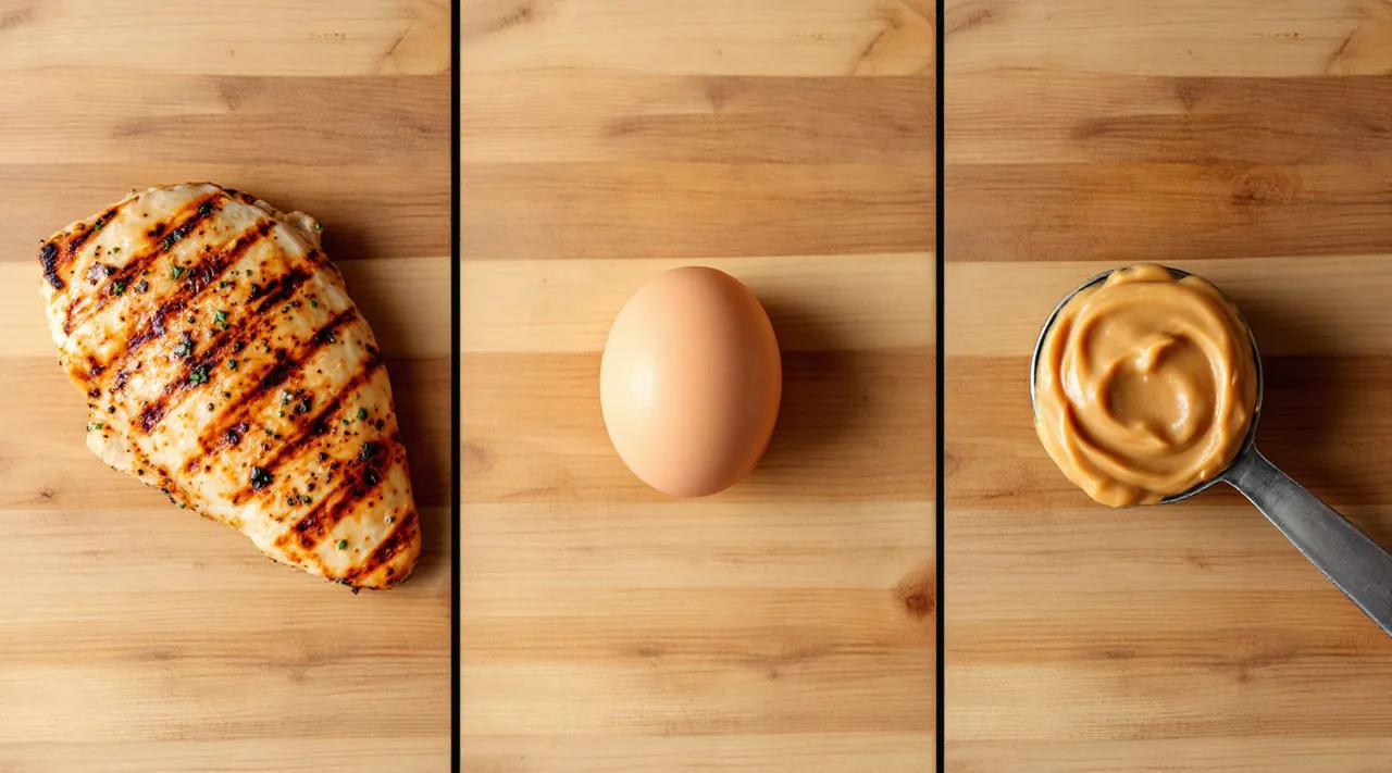 Protein portions: 30g meat, 1 egg, 10ml peanut butter